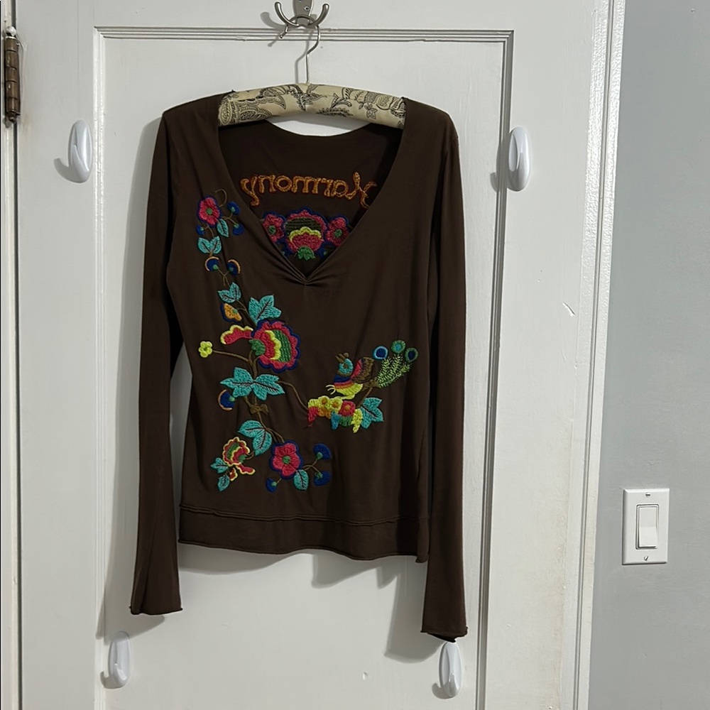 Source Unknown Brown Long Sleeve Embellished Blou… - image 1